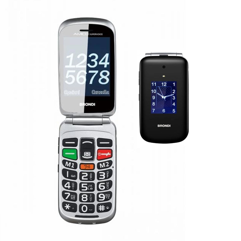 BRONDI AMICO SUPERVOICE (NERO/ARGENTO) - TELEFONO CELLULARE PER ANZIANI - TASTO SOS - AUDIO AMPLIFICATO - CONTROLLO REMOTO - BASE DI RICARICA - DOPPIO DISPLAY