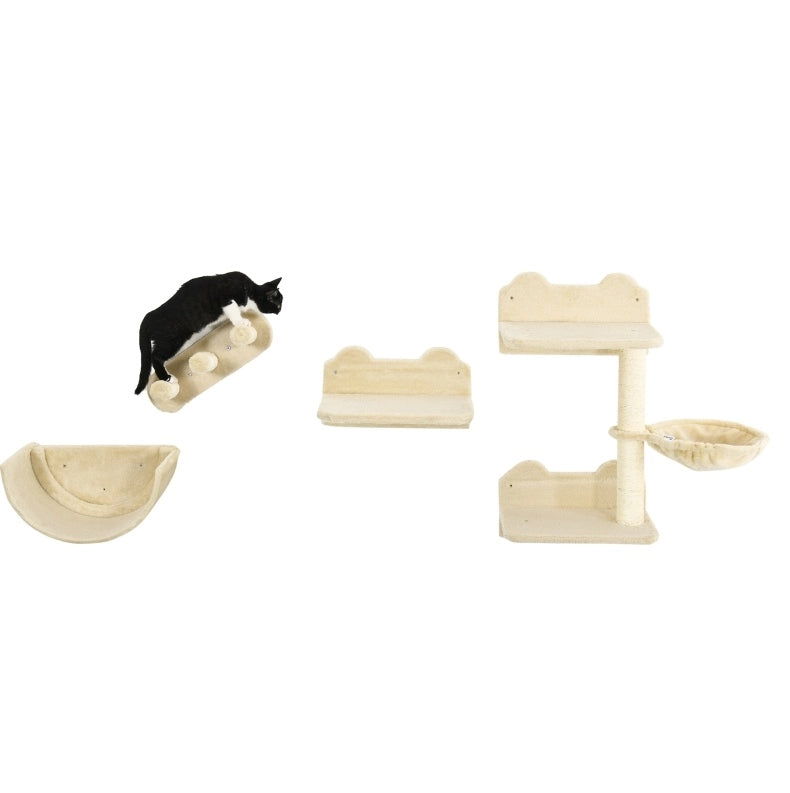 Parete tiragraffi per gatti beige a 4 elementi con piattaforme e amaca