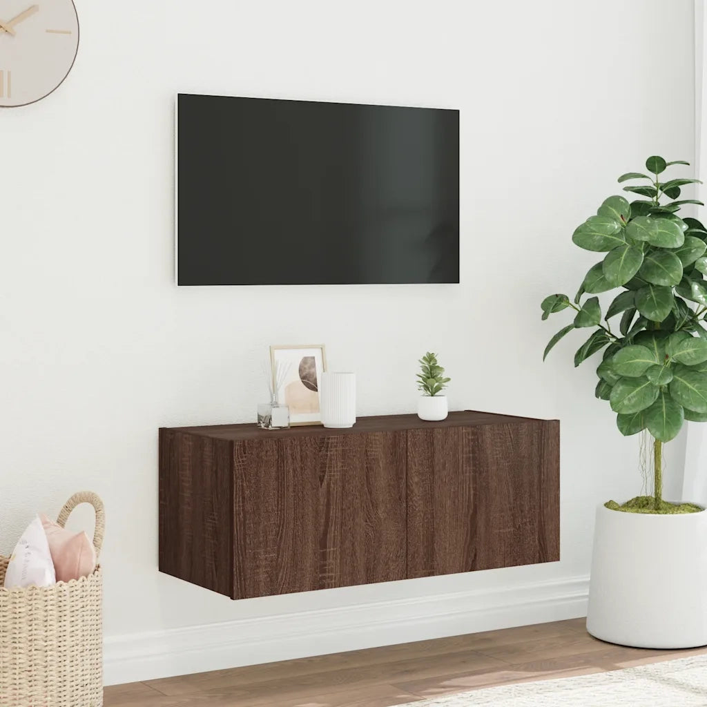 Mobile TV a Parete con Luci LED Rovere Marrone 80x35x31 cm 837293