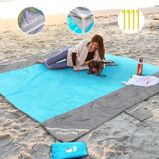 Tenda da spiaggia ombrellone da picnic coperta da campeggio 210 x 200 cm impermeabile resistente al sabbia 0,38 kg leggero e compatto per campeggiare in spiaggia, escursioni e picnic (Blu)