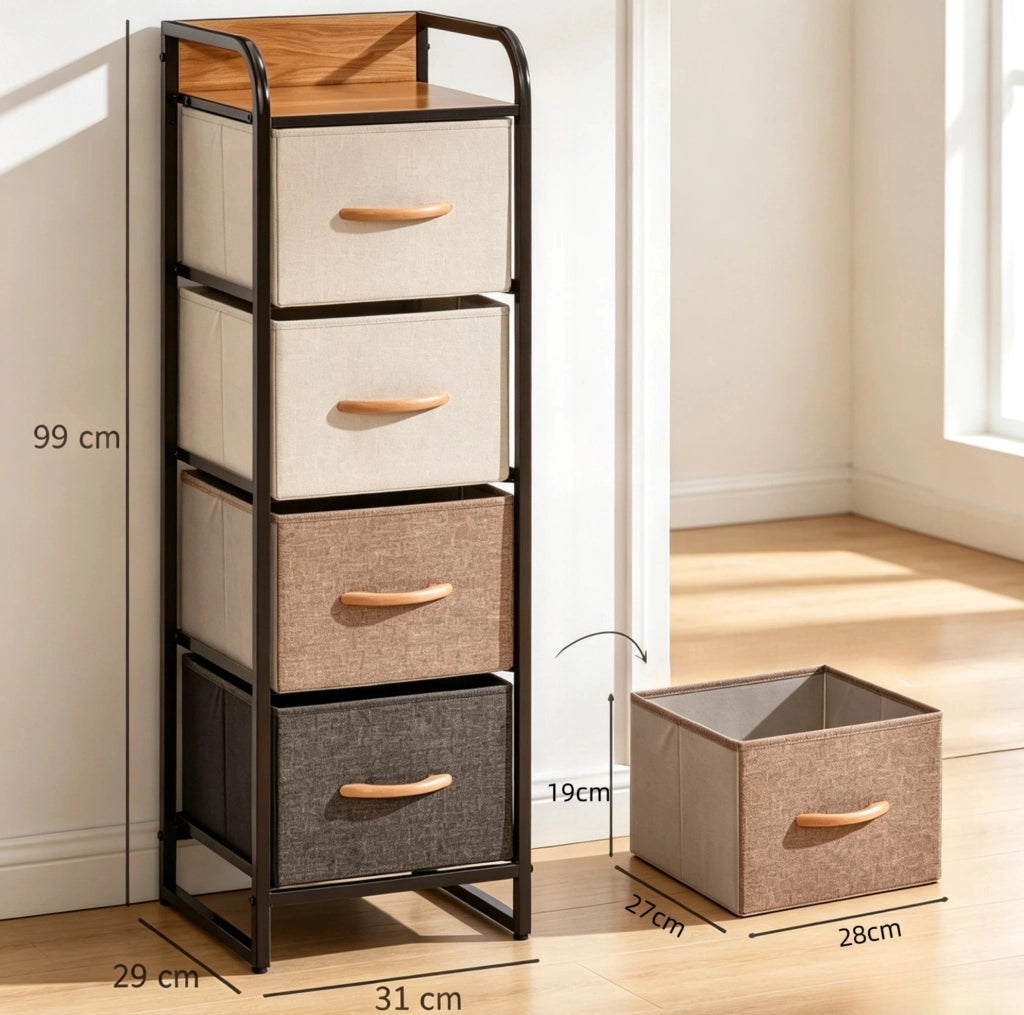 Cassettiera stretta con 4 cassetti in tessuto; MDF e acciaio; beige e marrone