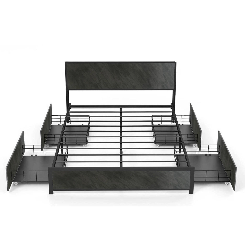 Hekla - Struttura letto matrimoniale in legno e metallo con 4 cassetti, 162x195 cm colore cemento