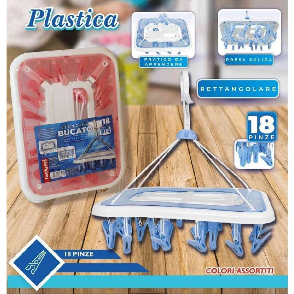 Trade Shop - Stendino Bucato In Plastica 18 Pinze Rettangolare Biancheria Asciugatura 38306 -
