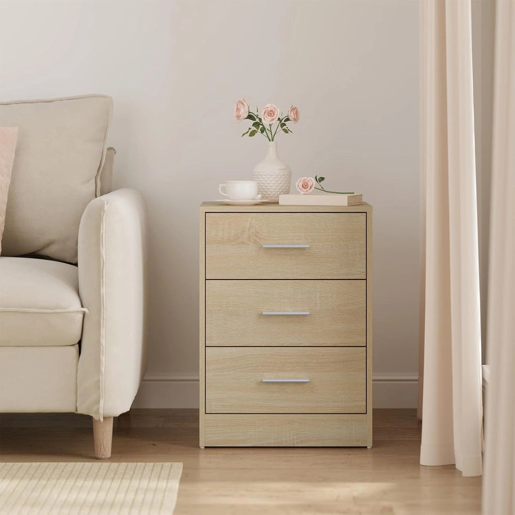 Set di 2 Comodini Moderni con 3 Cassetti, Grande Capacità, Tavolino da Letto per Camera da Letto, Soggiorno e Ufficio, 39x28x54cm, Rovere Chiaro, NTS26hei-2