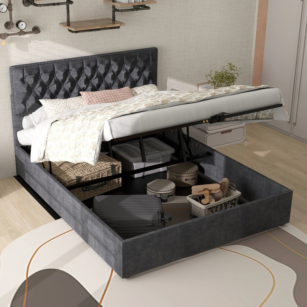 Letto Contenitore Imbottito ¨C MINIMAL ¨C Grigio 140x200 con Testiera, Doghe e Sollevamento Idraulico