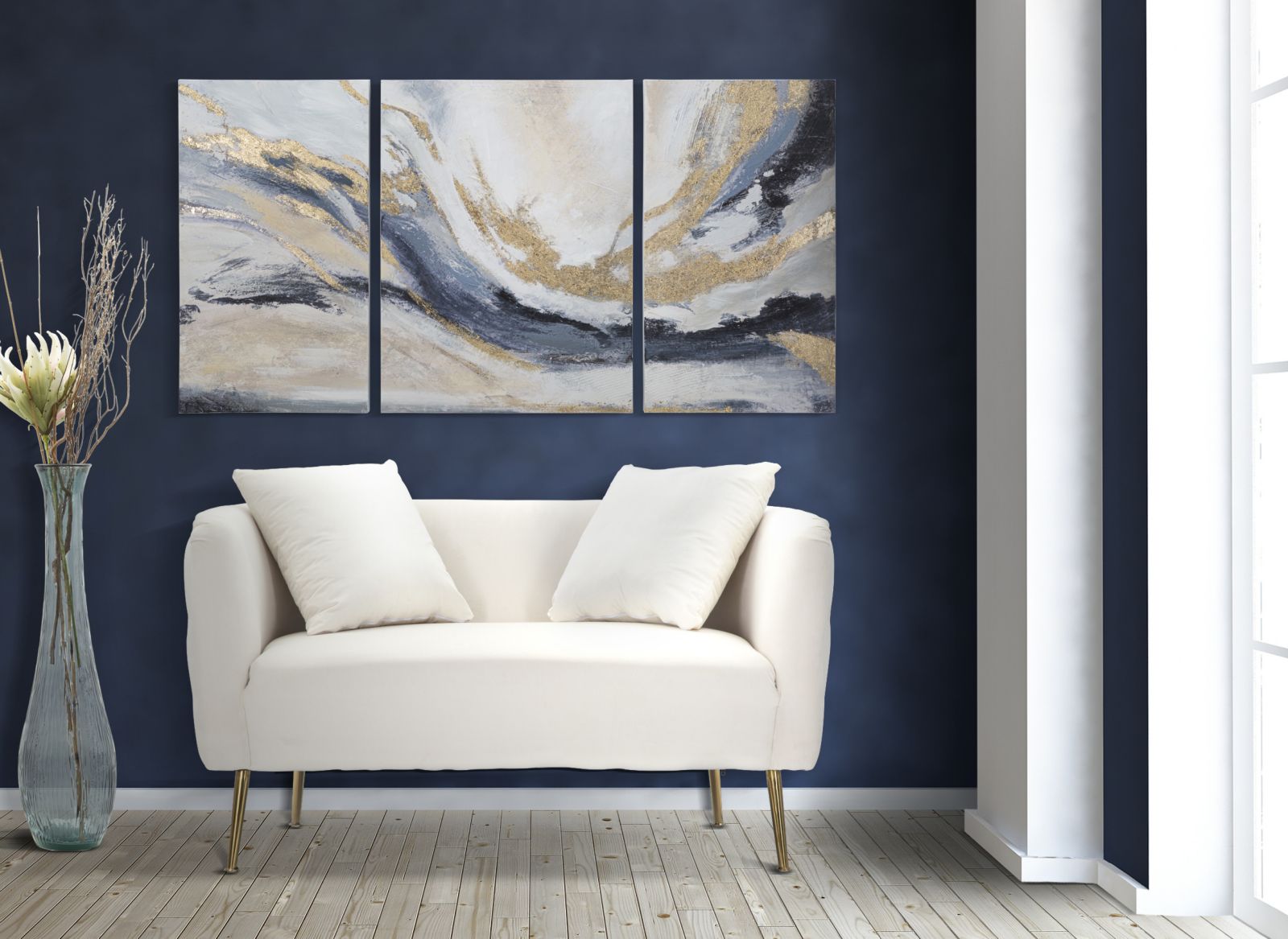 Divanetto Bucarest Crema 127x74x73 cm Legno e Spugna e Tessuto e Metallo Crema e Oro