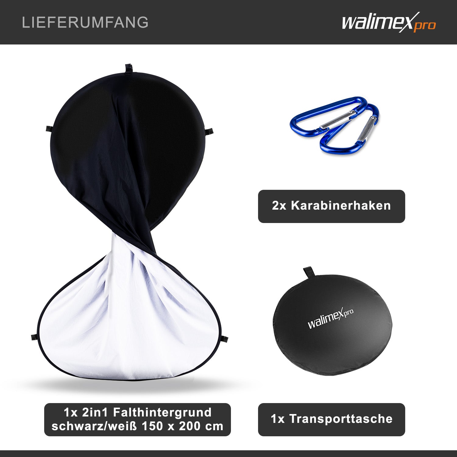 Fondale fotografico pieghevole 2in1 bianco/nero 150 x 200 cm, con moschettoni e borsa da trasporto, per studio fotografia