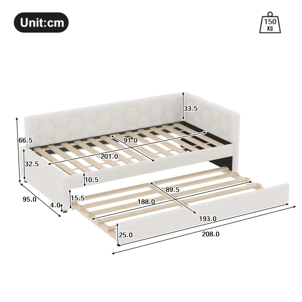 OKWISH Letto a Divano 90×200 cm, Letto Singolo con Letto Estraibile, USB, Tipo C e Lampada, senza Materasso, in Velluto, Bianco