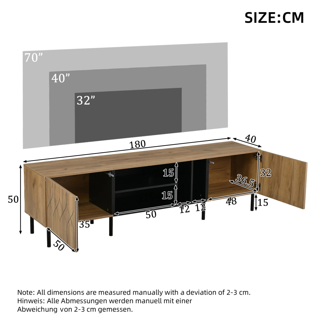 Mobile porta tv con 2 ante e 4 vani aperti, push-to-open, in MDF e truciolare, per salotto, nero naturale, 180 × 40 × 50 cm