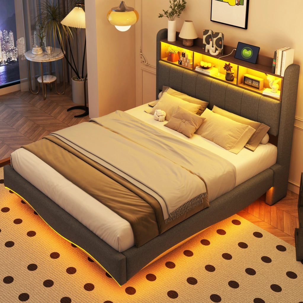 Letto imbottito sospeso 140x200 cm con LED; porte USB e Type-C; tessuto effetto lino grigio