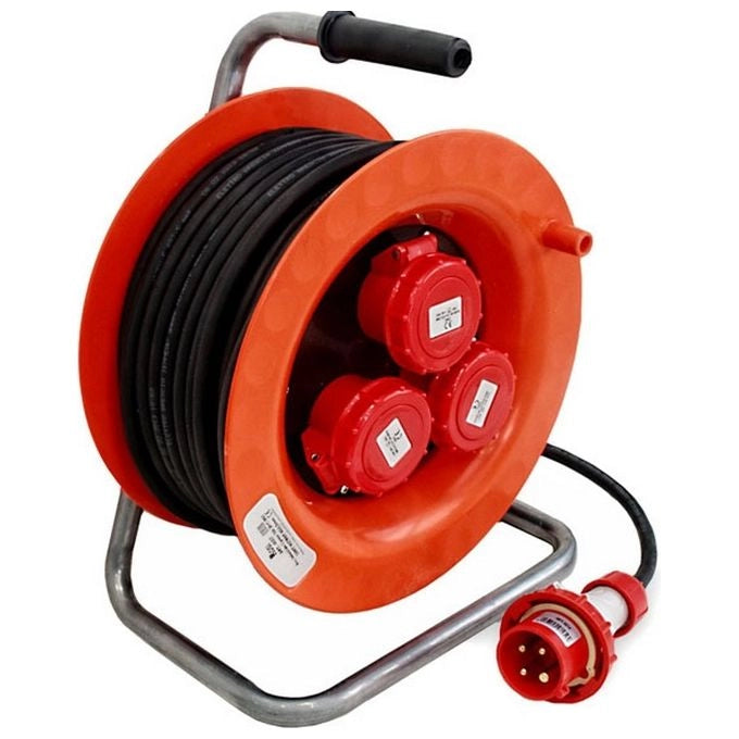 ROSI 4007 Avvolgicavo industriale 30 m 4x2,5 mmq 3 prese CEE 3P+T 16A IP55 con disgiuntore colore Rosso