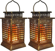 Lanterne Solari in Metallo Sospeso per Esterni - Decorazione Esterna con Luce a Fiamma Flickerante - Set da 2 in Oro - Classe di Efficienza A