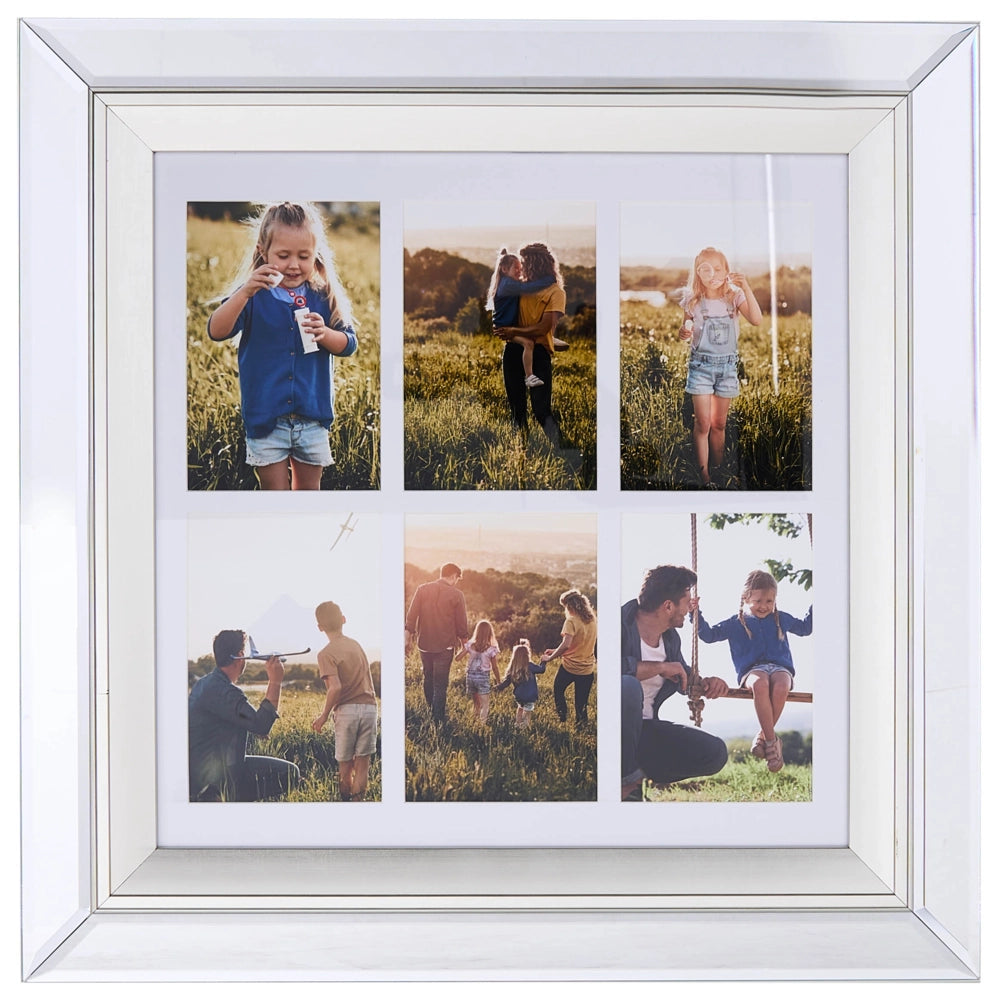 Cornice Multifoto Argento Vetro Specchiato 50 x 50 cm per 6 Foto 10 x 15 cm Collage Apertura