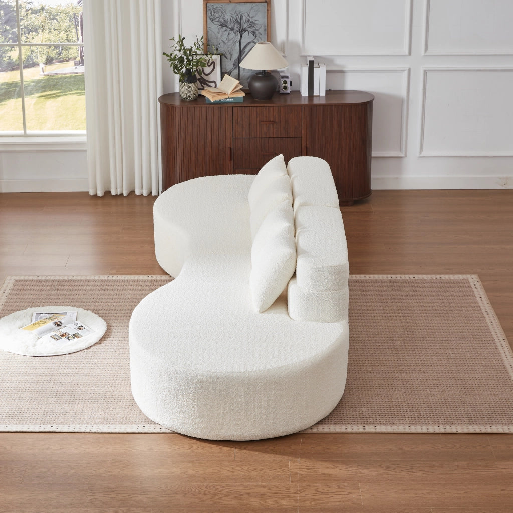 Divano modulare a 2 pezzi in schiuma con schienale a strati e design curvo, in ciniglia beige