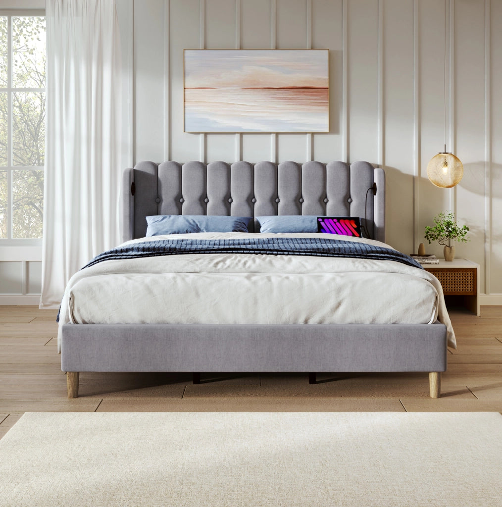 Letto matrimoniale ULEVR 160x200 cm imbottito in lino grigio con rete a doghe, USB e Type-C