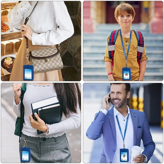 Supporto per scheda di identità - Supporto per scheda di identità in pelle - Sicuro e pratico - Blu - Cinturino rimovibile - Adatto per ufficio e scuola