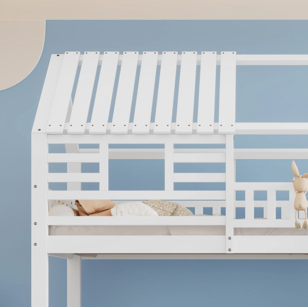 Letto a castello a forma di casetta con scivolo, scala con contenitore e cassetti