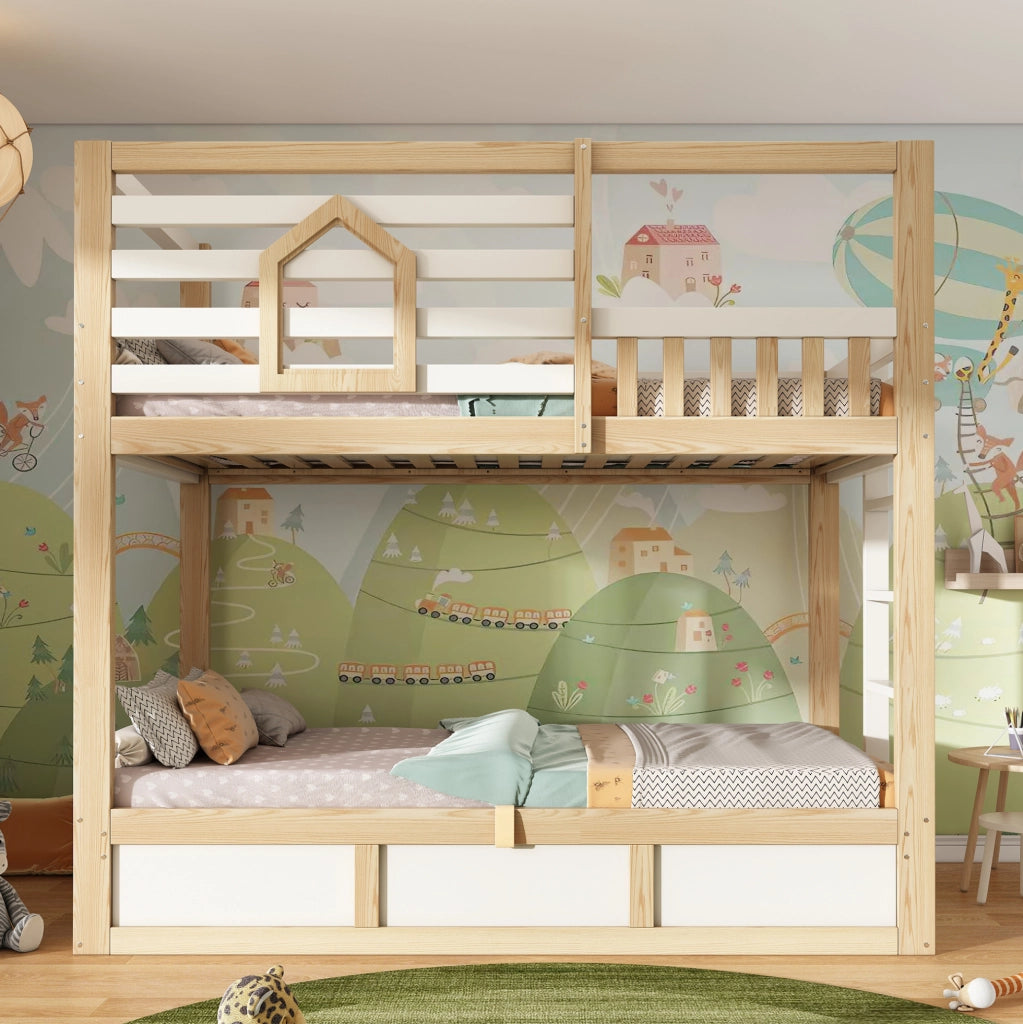 Letto a castello per bambini 90x200 cm in legno; stile casetta; bianco e rovere con scala dritta e contenitore