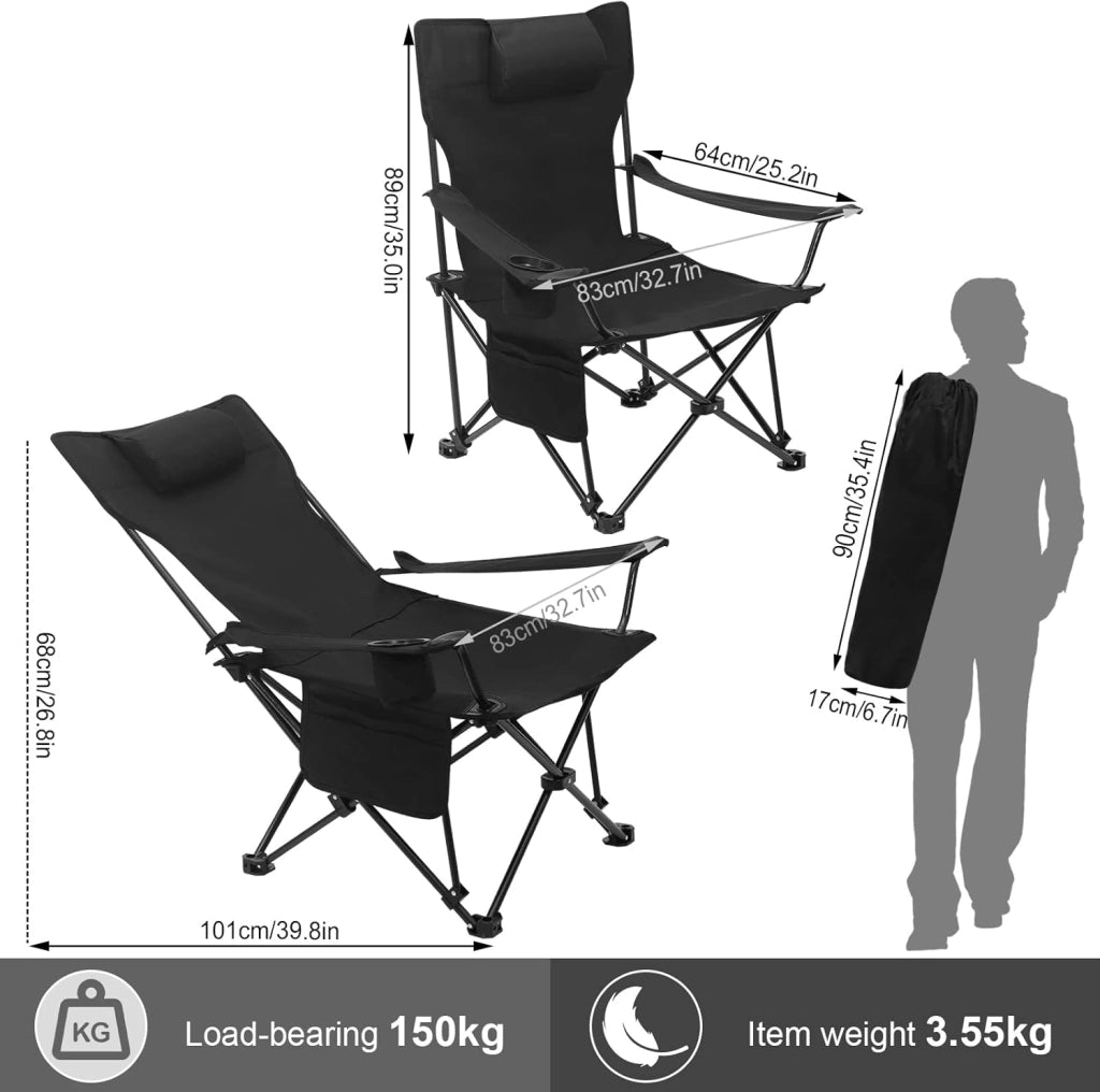 Sedia Pieghevole Campeggio, Set di 2, Sedie Richiudibili Sedia da Pesca Leggera e Portatile, Max Portata 150 kg Nero