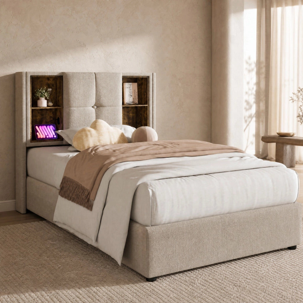LETTO imbottito con ricarica wireless e USB 90x200 cm Lino Naturale