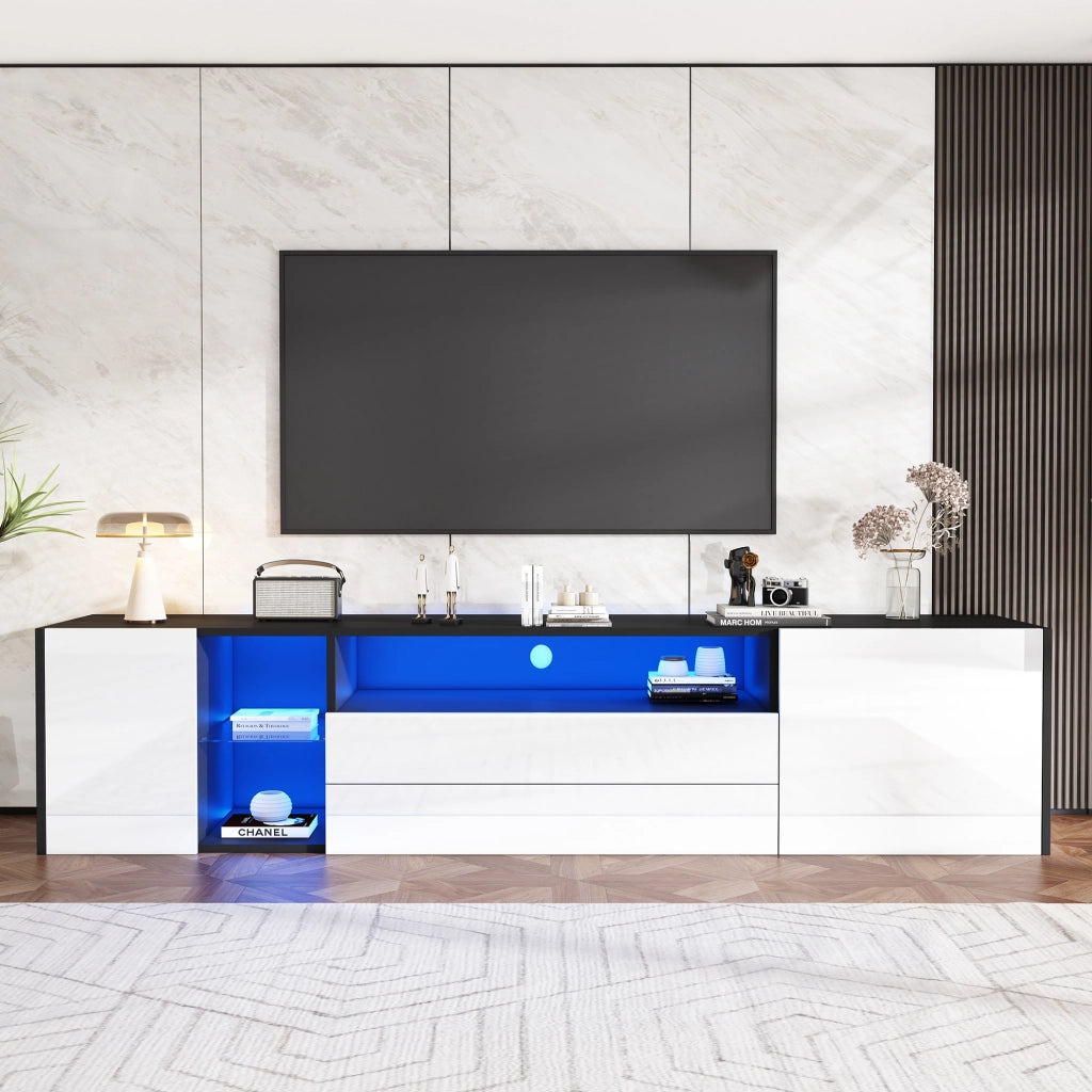 OKWISH Mobile TV con 2 Ante, 2 Cassetti e 1 Vano, LED, Frontale Lucido, per Soggiorno, 180 x 40 x 45 cm, Bianco e Nero