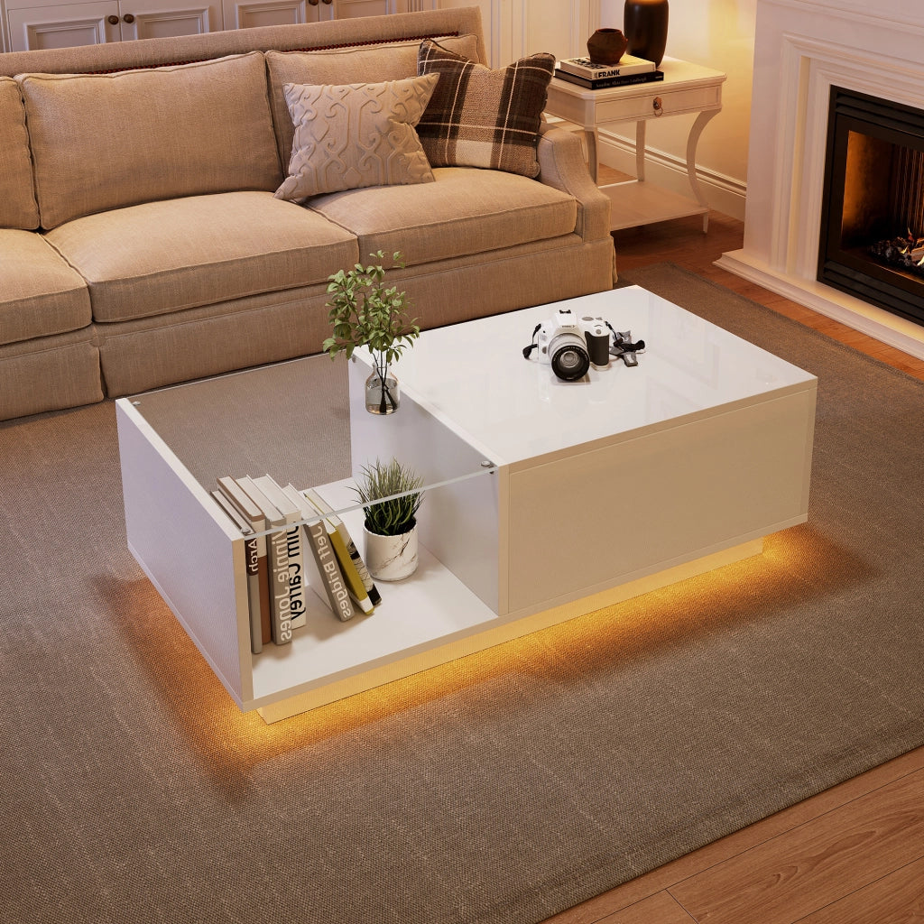 TAVOLO da Caffè Sollevabile 100x50 cm Bianco in Truciolato con LED