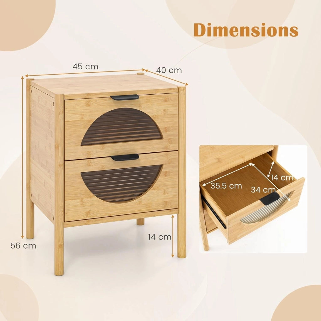 Comodino in bambù, tavolino con 1/2 cassetti in vetro temperato, comodino per camera da letto, soggiorno, naturale (con 2 cassetti)