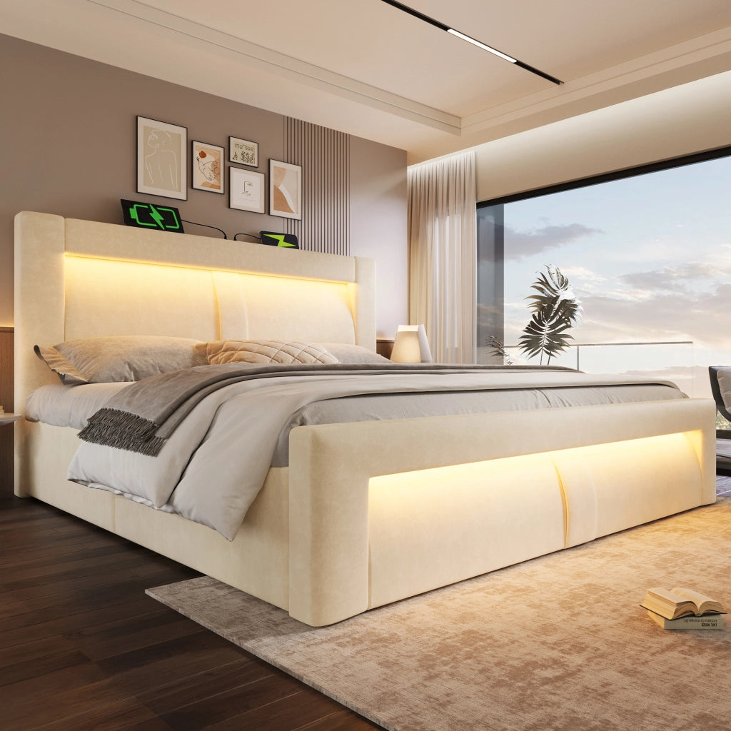 OKWISH Letto Contenitore 160×200 cm, Letto Matrimoniale con LED Regolabile, USB, Type C e Testiera Curva, senza Materasso, in Velluto, Beige