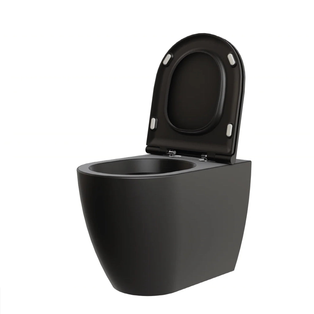 Coppia Di Sanitari Azzurra Ceramica Da Terra Filo Muro Senza Brida Nero Opaco "Comoda"