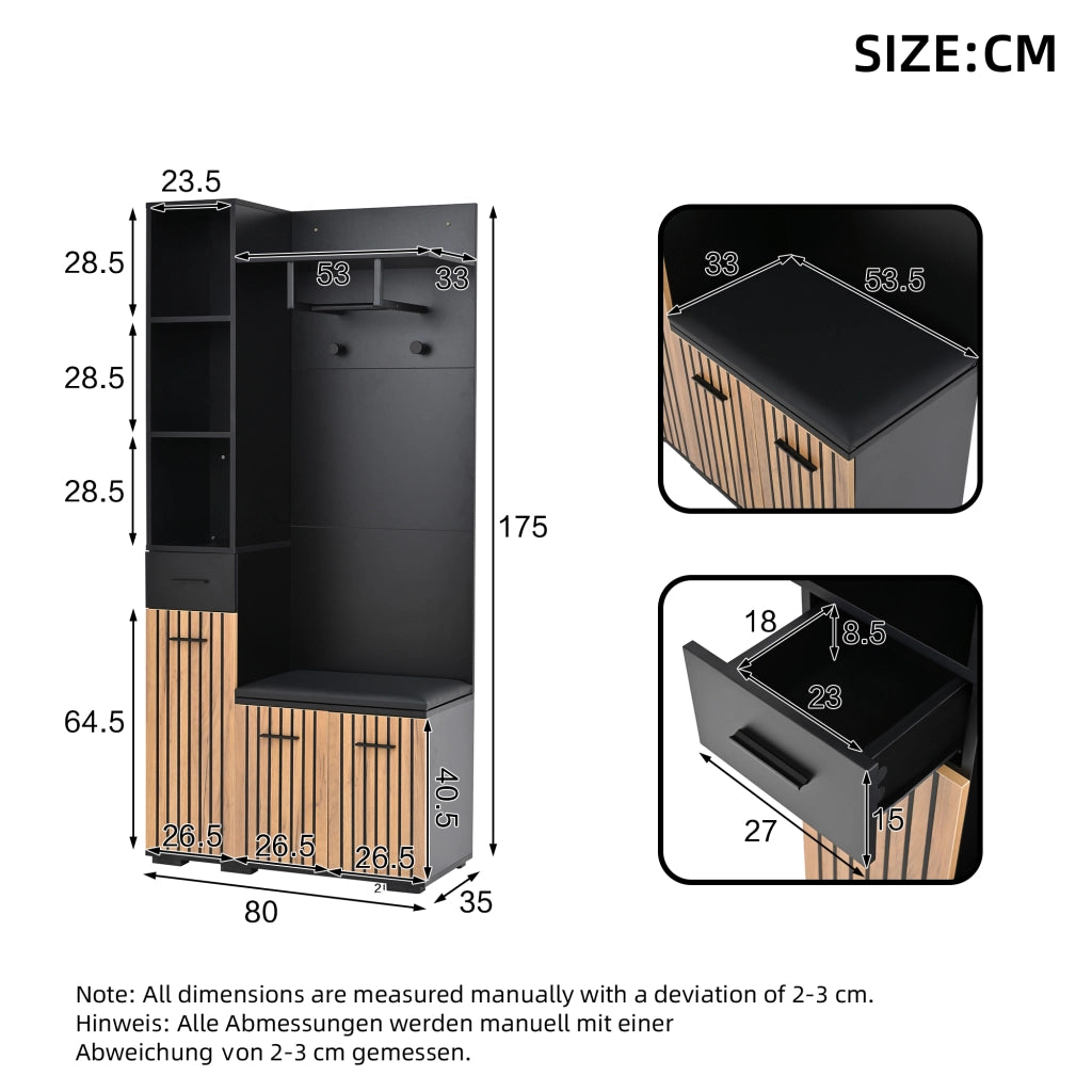 Mobile ingresso con 2 armadi; 1 cassetto; 5 vani; 2 ganci e panca; in pannello truciolare; 80 × 35 × 175 cm