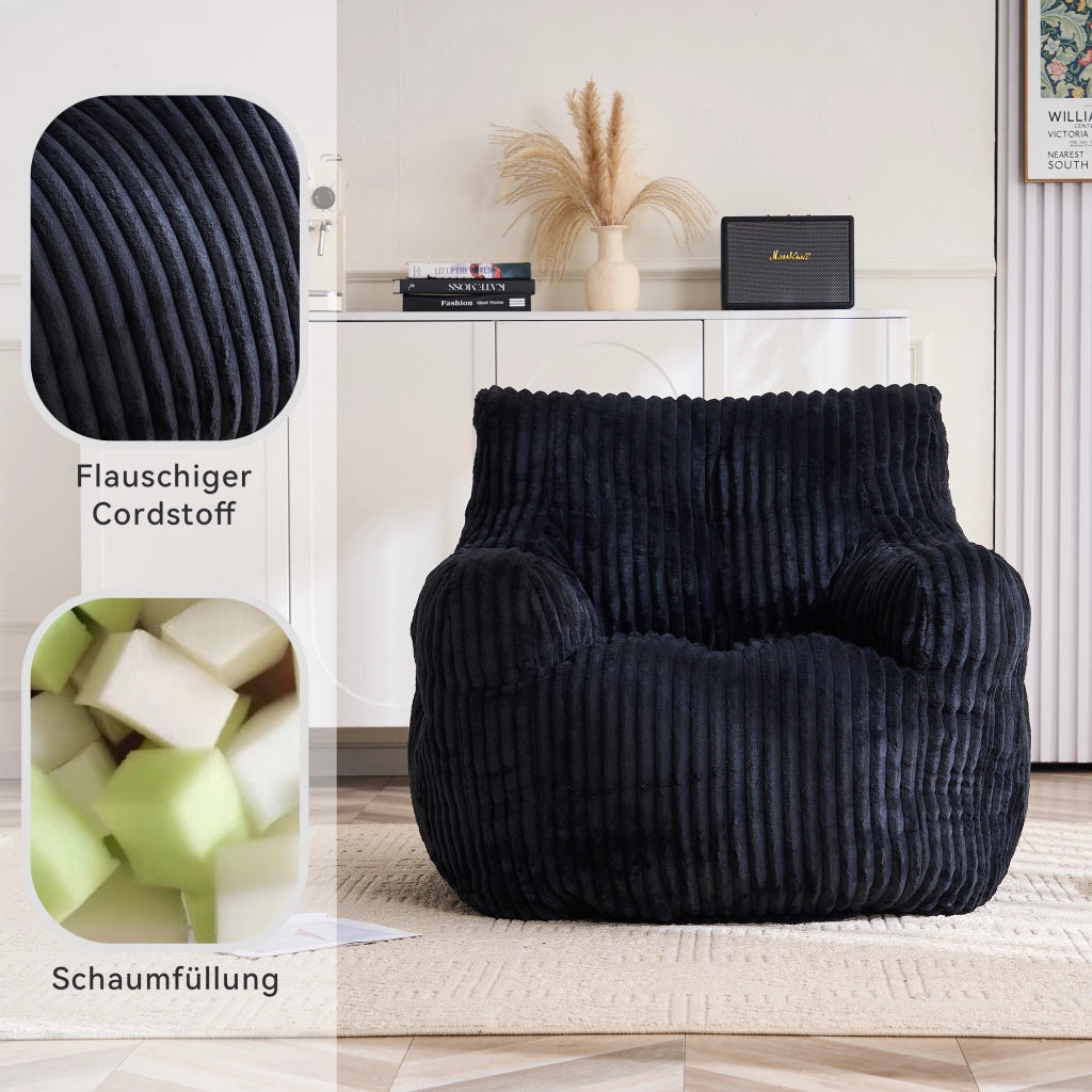 Pouf sacco imbottito in morbido corduroy nero, 100 × 94 × 70 cm, portata 110 kg