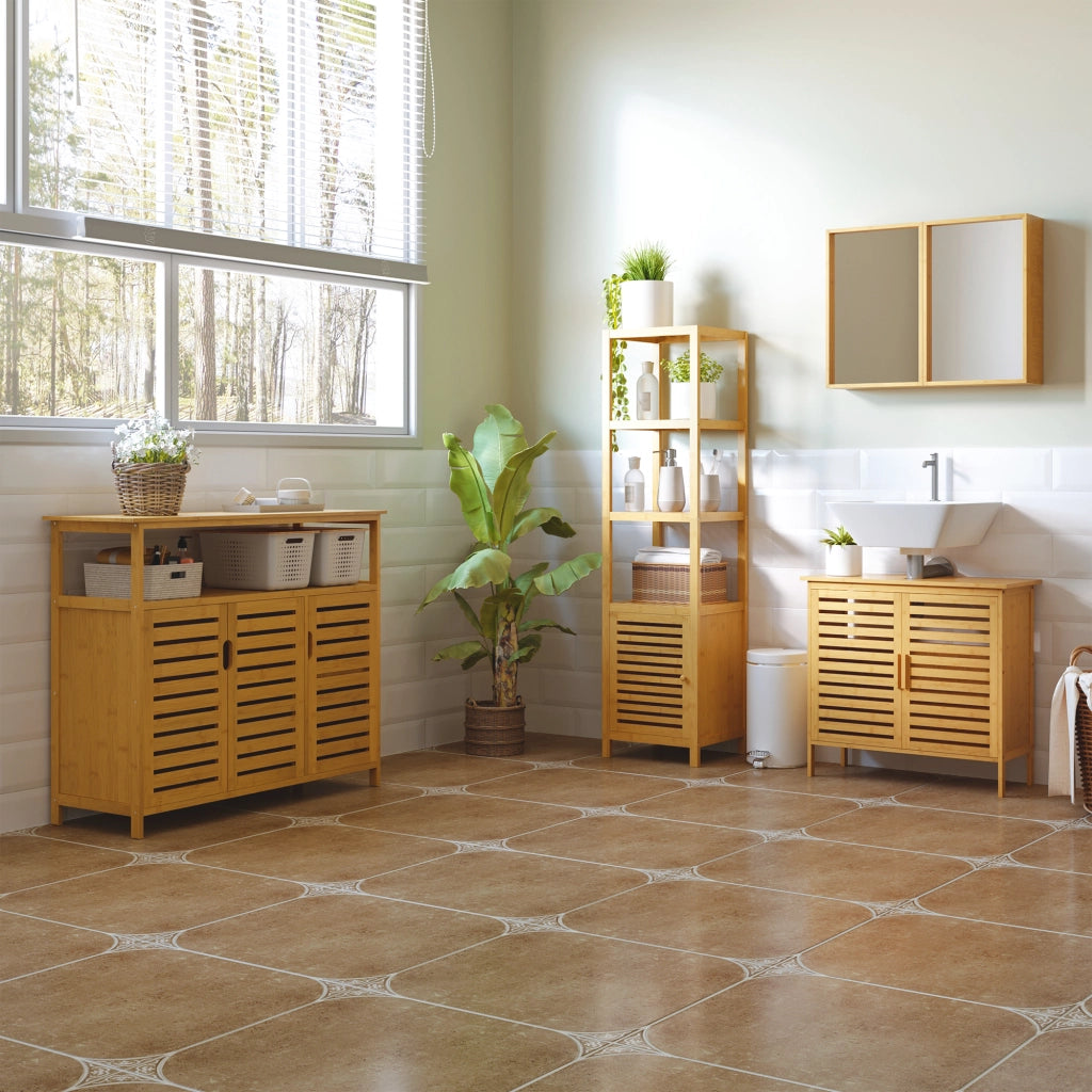 Mobile bagno in bambù con 3 ripiani aperti e vano chiuso, colore naturale, 36x33x140 cm