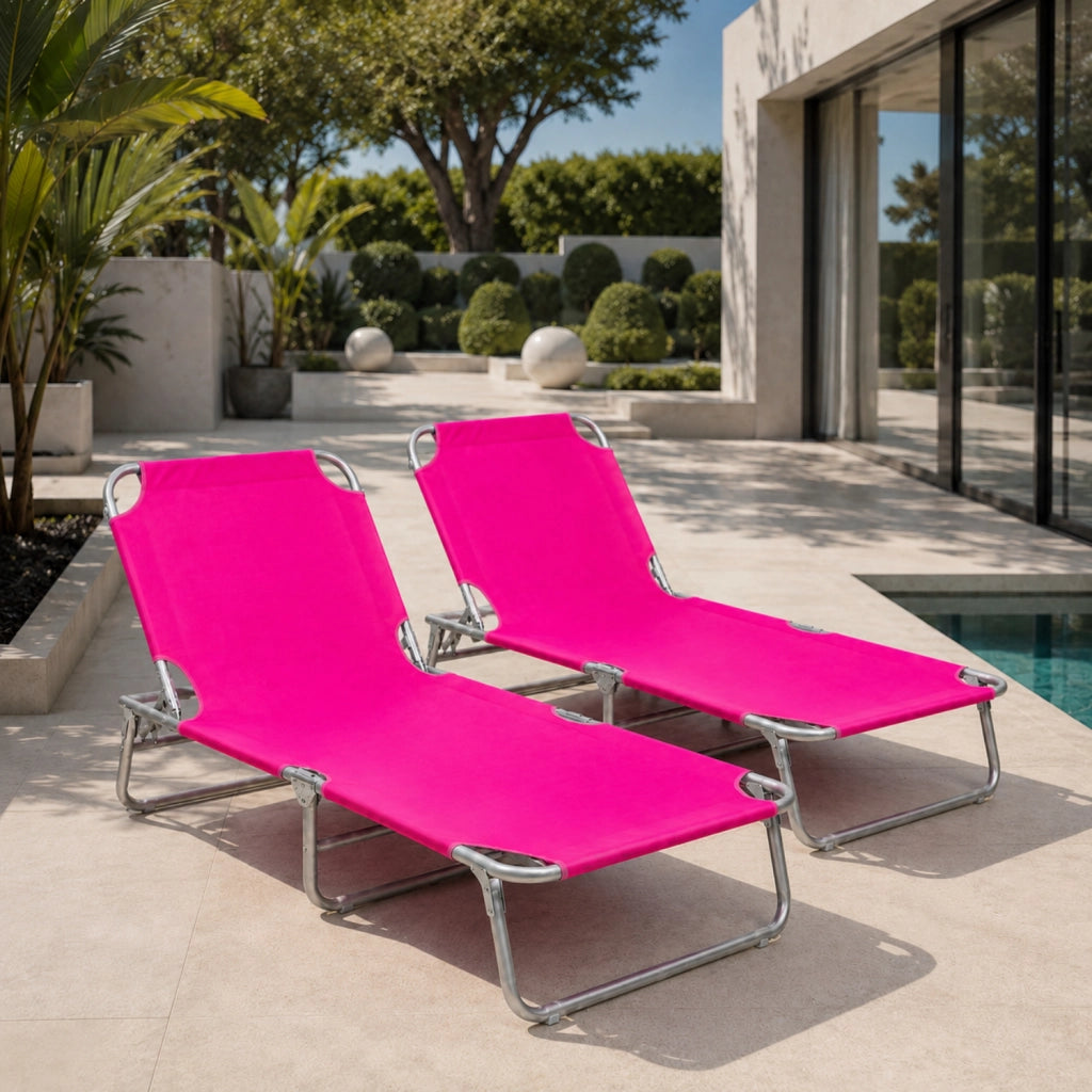 Coppia Di Lettini Sdraio Pieghevoli Prendisole Senza Tettuccio Schienale Regolabile Reclinabile Struttura In Metallo Per Piscina Mare Spiaggia Giardino 187 x 53 x 24 Cm Rosa