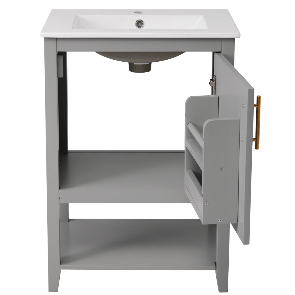 Mobile bagno grigio con lavabo in ceramica e ripiani interni