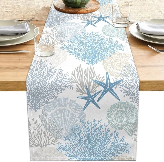 Tavolo da pranzo di lino con motivo di costa, 13x71 pollici, blu-verde, spiaggia estiva, nautico, moderno, cucina, tavolo da pranzo, tavolo salotto rustico, comodino per casa, decorazione da festa per le vacanze