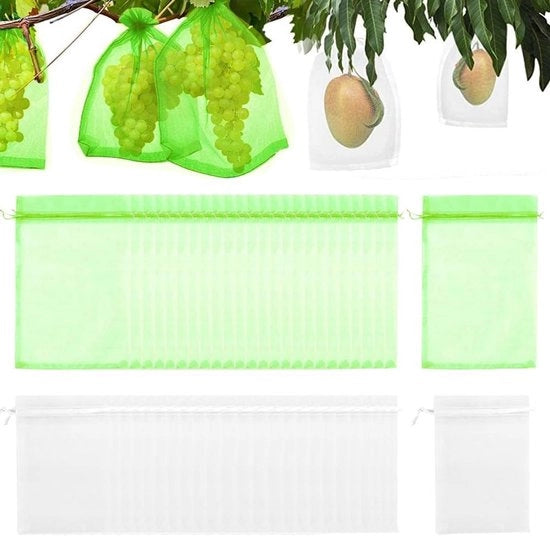 50 sacchi di protezione per frutta con cordoncino - bianco + verde limone - riutilizzabili