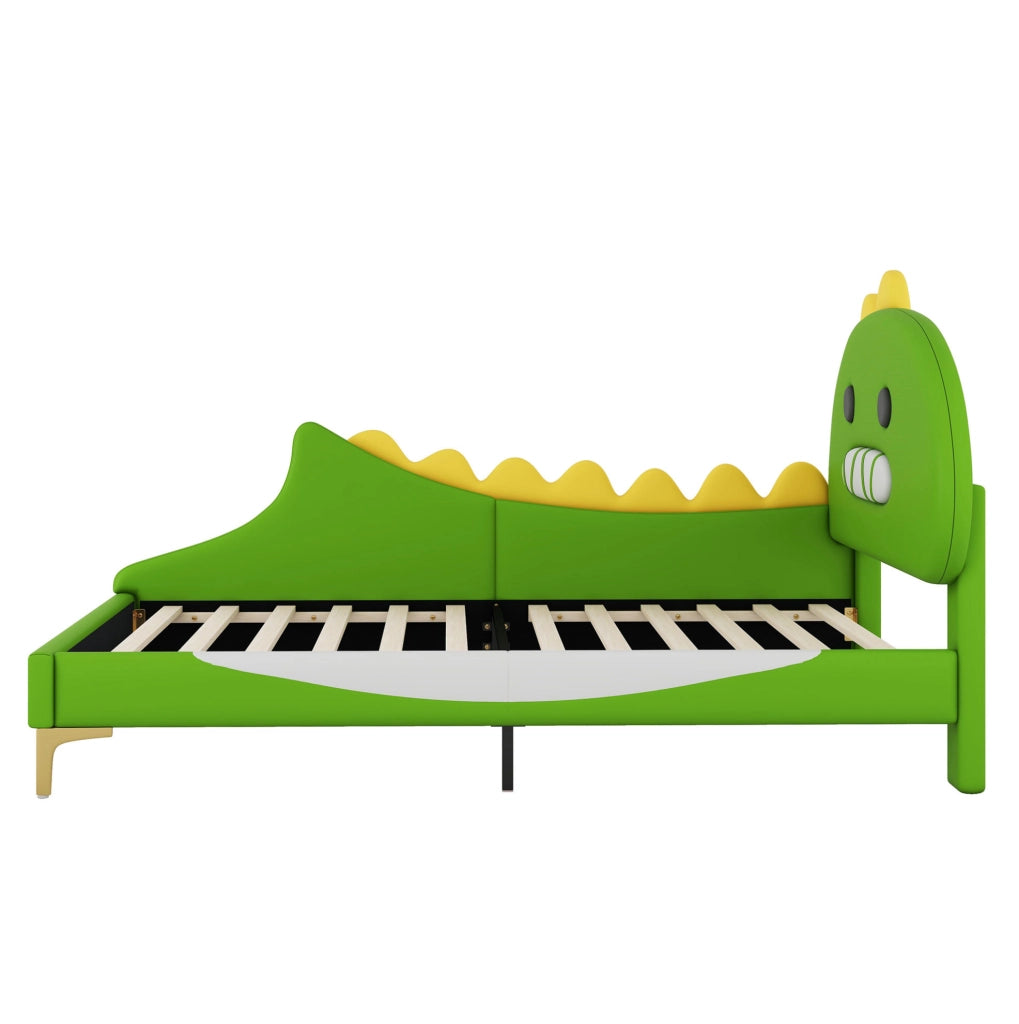 Letto per bambini 90x200 cm; design dinosauro; PU e MDF; verde