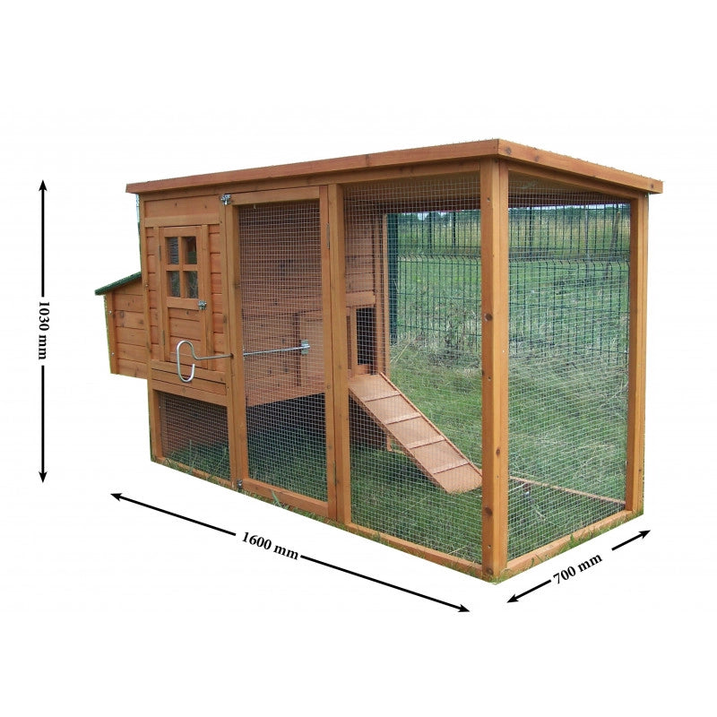 Pollaio da giardino compatto in legno 198x75 cm – per 3-4 galline – pareti 10 mm con voliera e nido di cova – PO2070 Foresta