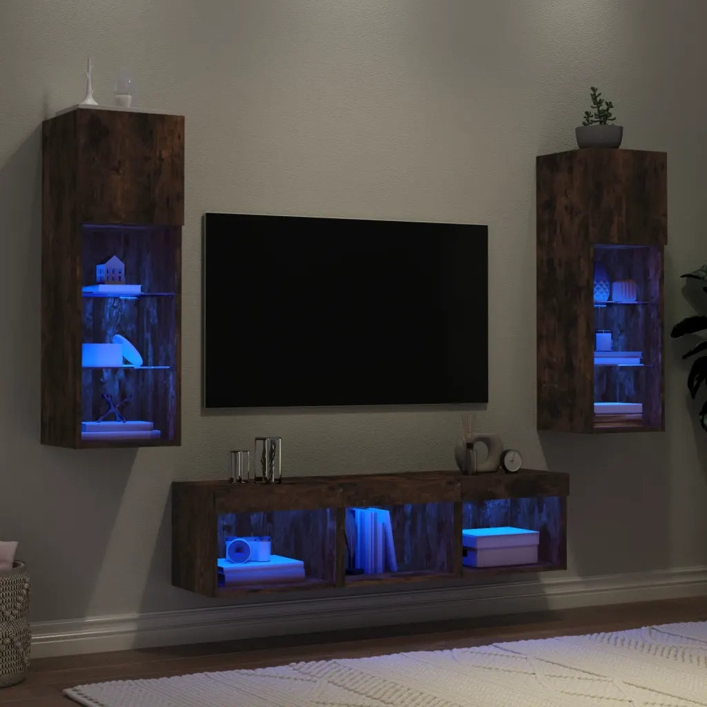 Mobili TV a Muro con LED 5pz | Armadietto TV | Mobile Porta TV Rovere Fumo in Legno Multistrato