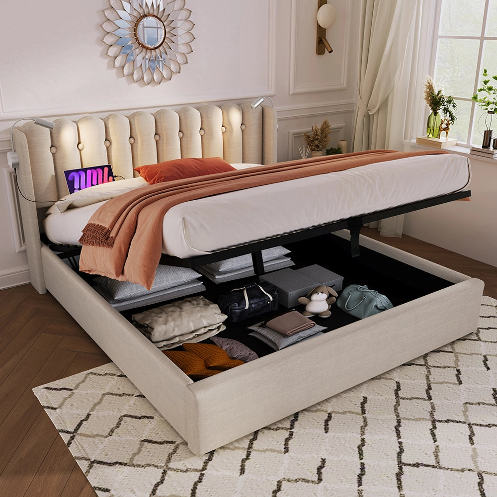 Letto a cassone imbottito 160x200 cm - Xylo - Con funzione di carico e due luci da lettura, Beige