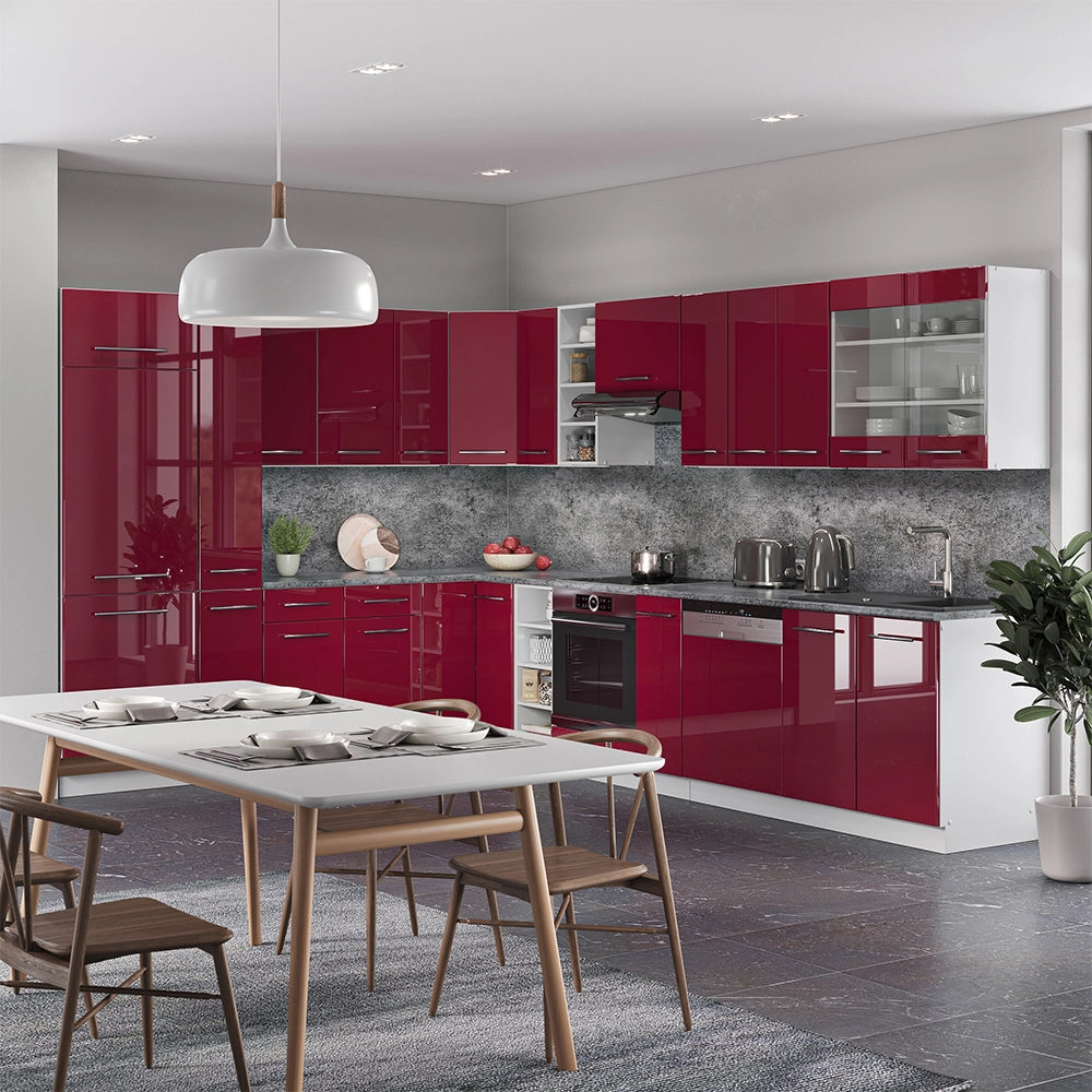 Cucina angolare completa Fame-Line Bordeaux lucido/Bianco 347 x 60 cm, PL Antracite Vicco