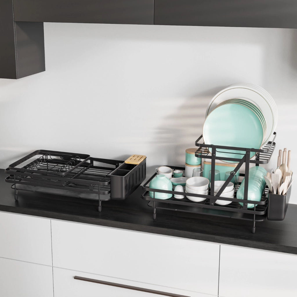 Set di scolapiatti e scolapasta pieghevole per cucina, Scolapiatti in metallo a 2 livelli con portautensili Nero