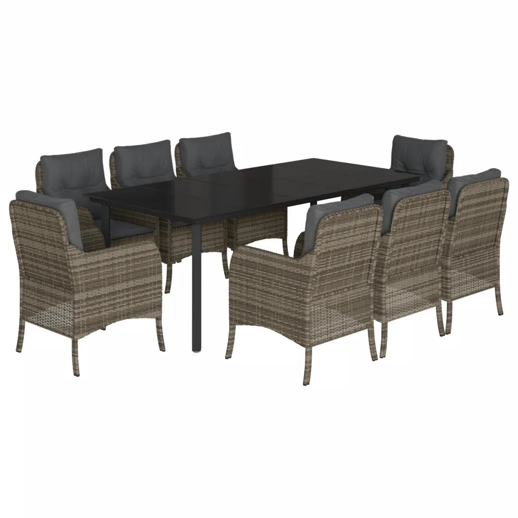 Set da Pranzo da Giardino 9 pz con Cuscini in Polyrattan Grigio