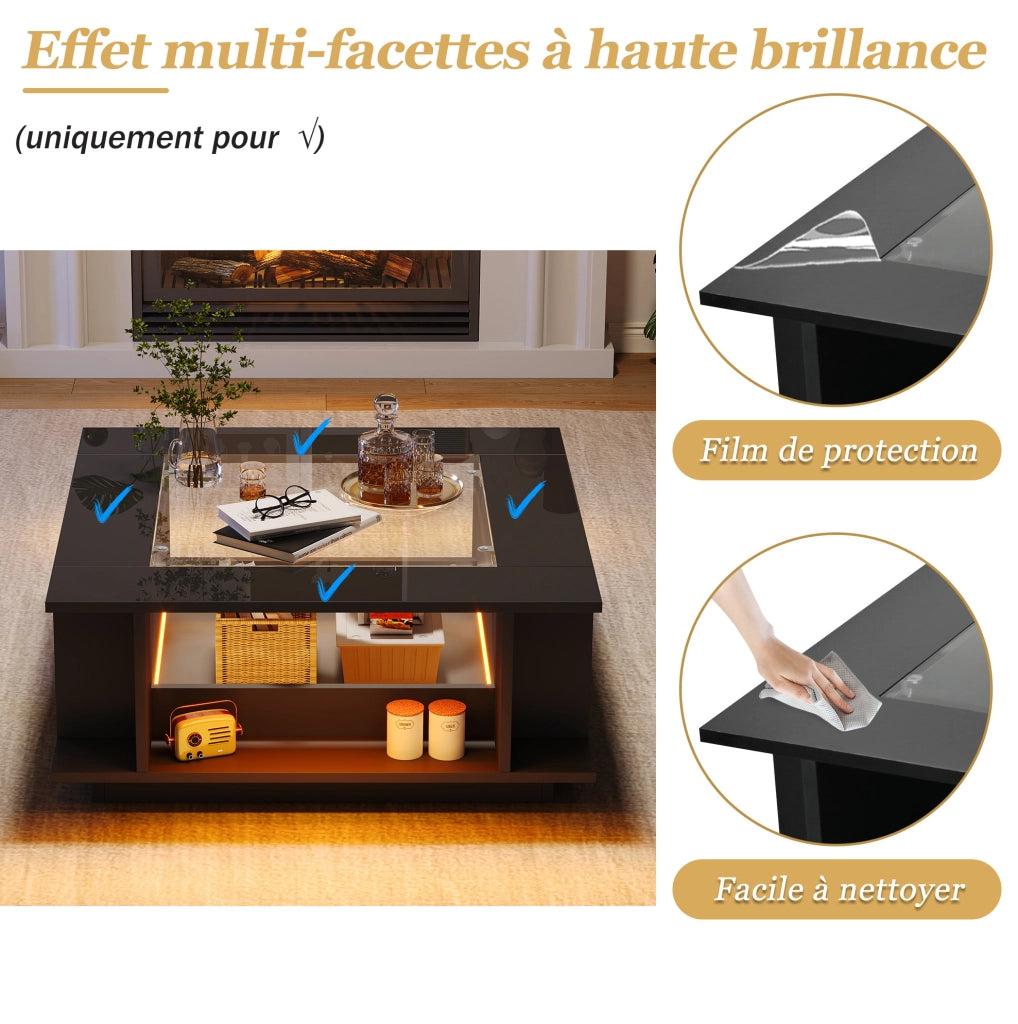 Tavolino da caffè quadrato 70x70x30 cm con piano in vetro; finitura nero lucido e LED