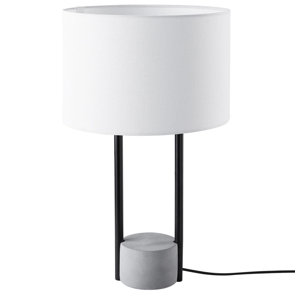 Lampada da tavolo da comodino in tessuto bianco tondo con paralume tondo e base in cemento grigio