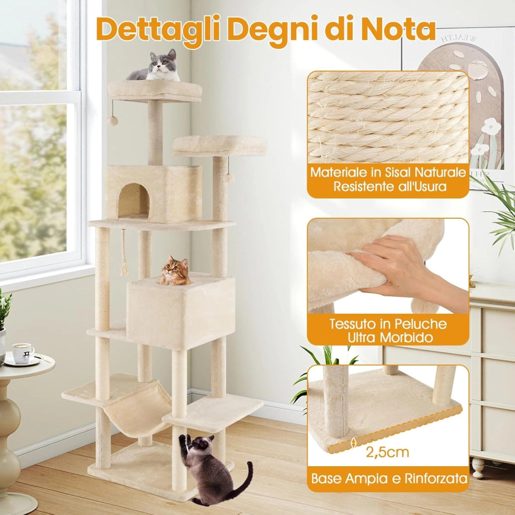Albero per Gatti da Interno Alto 205 cm, Tiragraffi per Gattini con 2 Condomini, 2 Postazioni Soffici, Tiragraffi & Corda, Giochi Pendenti, Amaca e Piattaforme per Salti, Mobile per Gatti