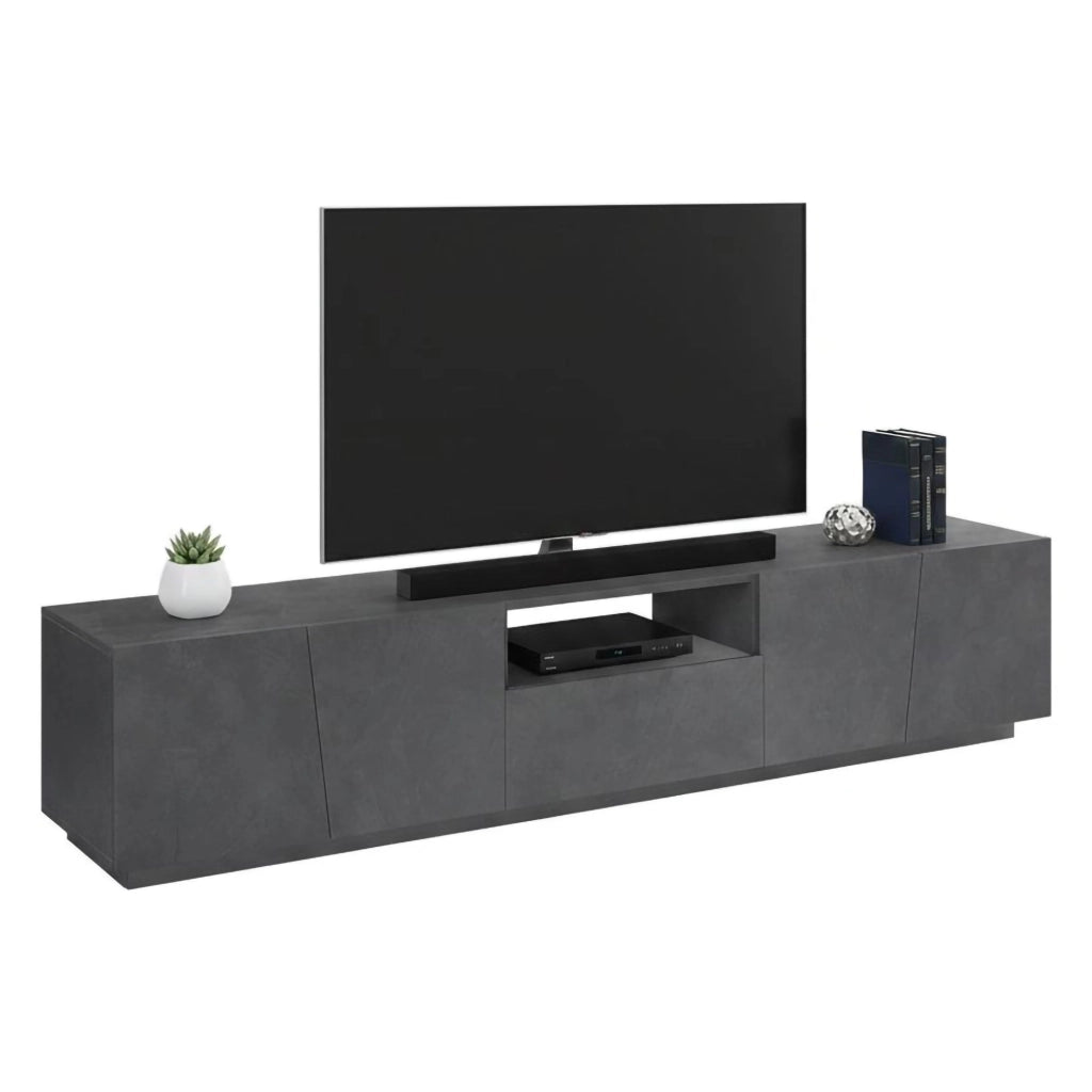 Mobile da soggiorno Porta Azzurras, Made in Italy, Credenza per Azzurras da salotto a 4 ante e 1 cassetto, cm 220x43h46, Grigio Ardesia, con luce LED bianca