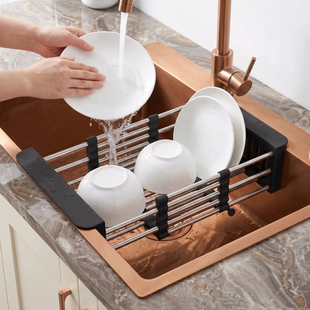 Lavello In Acciaio Con Set Di Accessori 3 Pz. Rea Liam Brush Copper Accessori beige