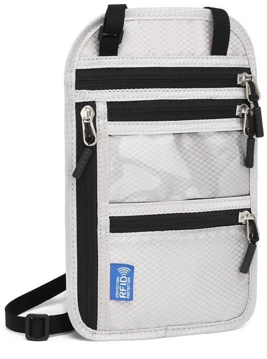 Portamonete per viaggio con protezione RFID, portamonete acqua resistente, portamonete per passaporto, portamonete per ID, tasca per portare con sé, con cinturino regolabile, dimensioni 15x0,5x24cm
