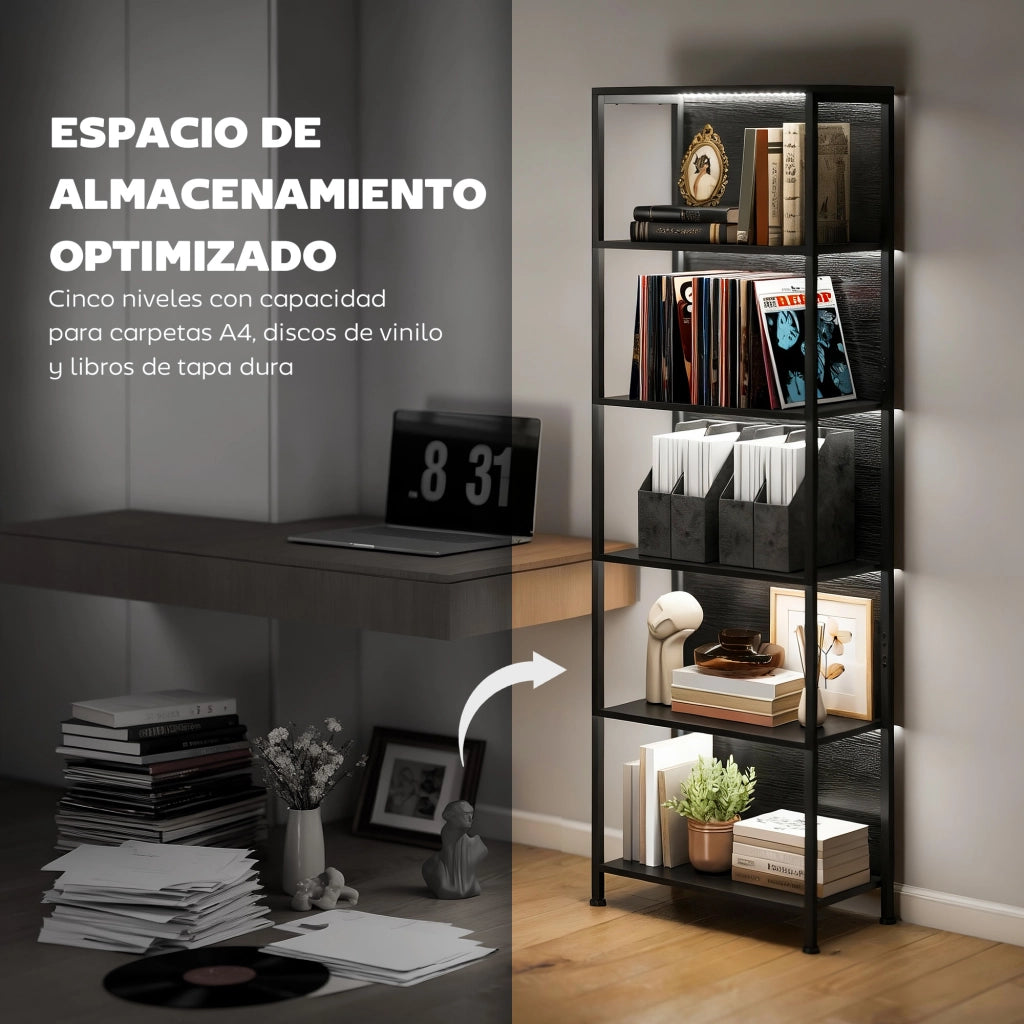 Libreria Scaffale 5 Livelli con Luci LED ¨C Zephmum ¨C Nero 60x30x179 cm